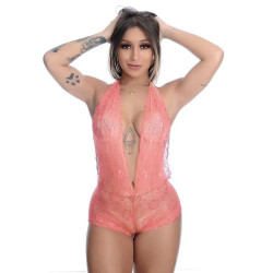 Body Sexy Rosa em Renda Frente Única Regulável - ShopSensual